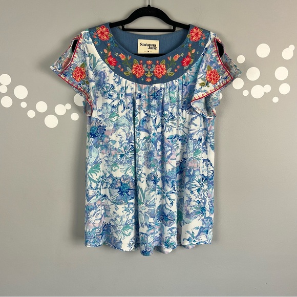 Savanna Jane Floral Embroidered Cap Split Sleeve Size M - Picture 1 of 8